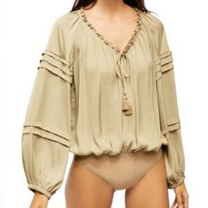Free People Tan Blouse Bodysuit with Tassel Tie